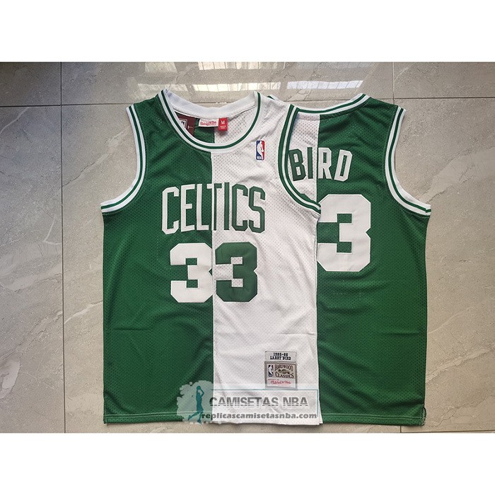 Camiseta Boston Celtics Larry Bird NO 33 Mitchell & Ness 1985-86 Split Blanco Verde